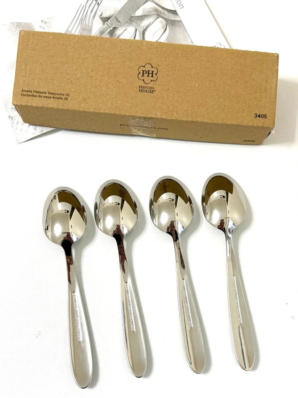 Princess House Amalia Flatware Stainless Steel Teaspoons Set of 4